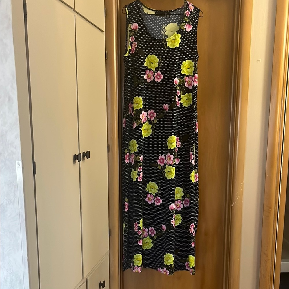 Floral Sleeveless Dress - Navy blue with Yellow and Pink Flowers